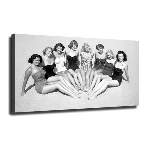 Vintage Black and White Poster Beach Girl Swimsuit Bikini Poster Man Cave Canvas Art Poster and Wall Art Picture Print Modern Family Bedroom Decor (Framed,16x32inch)2