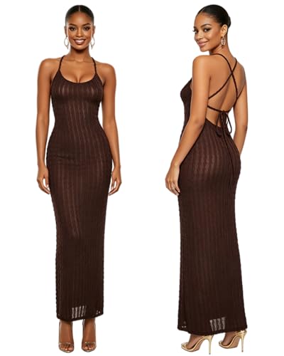 Image of RARITYUS Women's Lace Up Bodycon Maxi Dress Sexy Low Cut Backless Sleeveless Textured Long Party Club Dresses