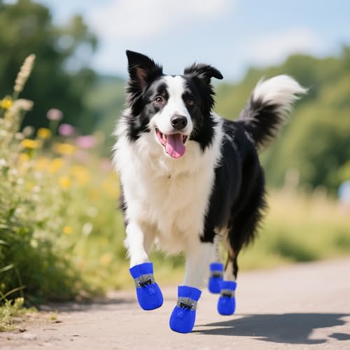 4 PCS Hundeschuhe Sommer, Hundeschuhe Pfotenschutz, Pfotenschutz für Hunde, Ausgestattet mit Reflektierendem Band, Geeignet für Den Lnnen- und Außenbereich, Atmungsaktiv und Verschleißfest/Blau 2