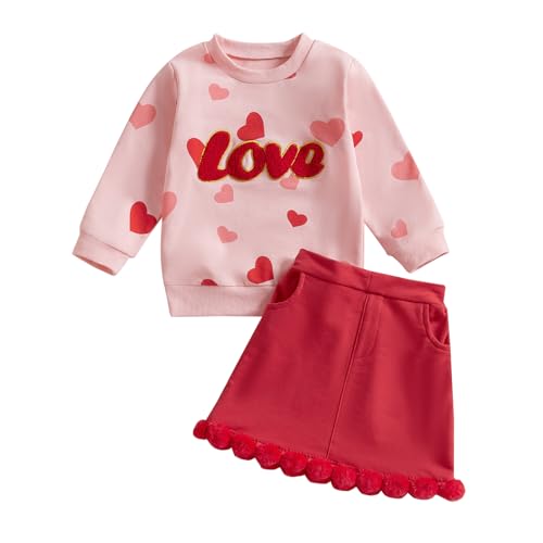 Image of Toddler Girl Valentines Day Outfits Letter Heart Print T-Shirt A-Line Mini Skirts Dress Girls Valentine's Day Dresses