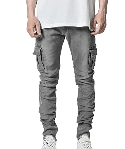 SOMTHRON Men's Skinny Distressed Ripped Jeans Side Pocket Slim Fit Destroyed Hip Hop Stretchy Denim Pants Trousers2