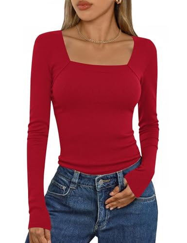 Aottori Camiseta Manga Larga Mujer Básica Cuello Cuadrado Tops de Punto Acanalado Camisas Casual Elegantes Ajustada Elástica Ligera Camisetas Capa Interior tee Shirts Rojo M