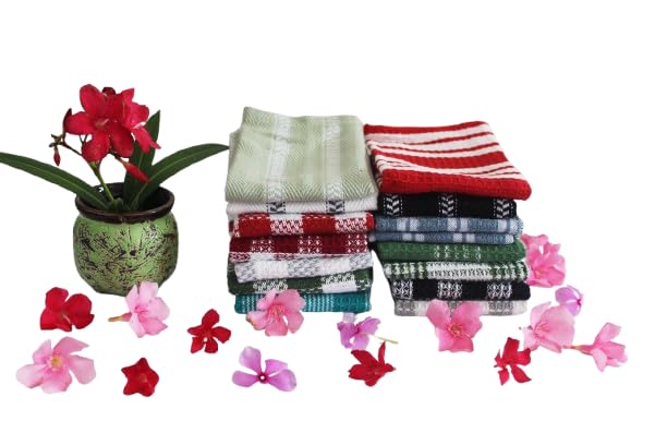 Kitchen Dish Cloths and Hand Towels Set, (369) Cotton, Multi-Colour Checkered Pattern, 6-Pack-image-27
