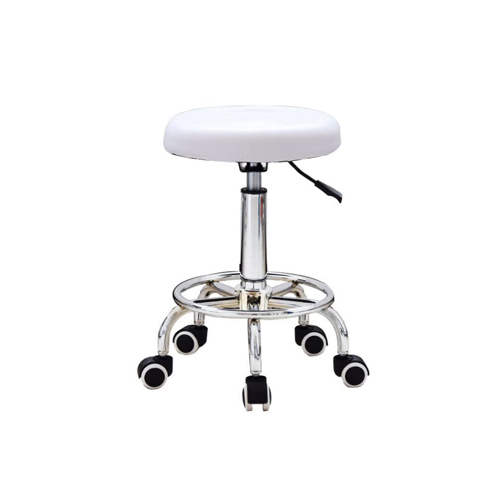 Sgabello girevole da lavoro, 33 cm, altezza regolabile, da barbiere, girevole a 360°, per ufficio, salone, massaggio, spa, ergonomia, girevole in altezza, colore: bianco, NGI7WDBKF-DKTD