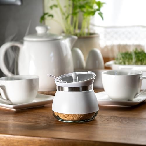 KADAX Zuccheriera con cucchiaio, 270 ml, in vetro verniciato a polvere, 9 x 9 cm, in 2 colori, portaspezie con coperchio per tè, zucchero (bianco) - immagine 4