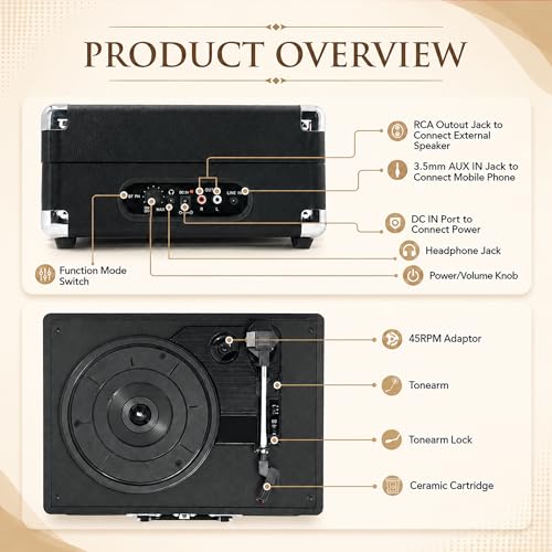 Image of CLAW Stag Portable Pro Bluetooth Turntable | 2x5W Speakers | Jet Black