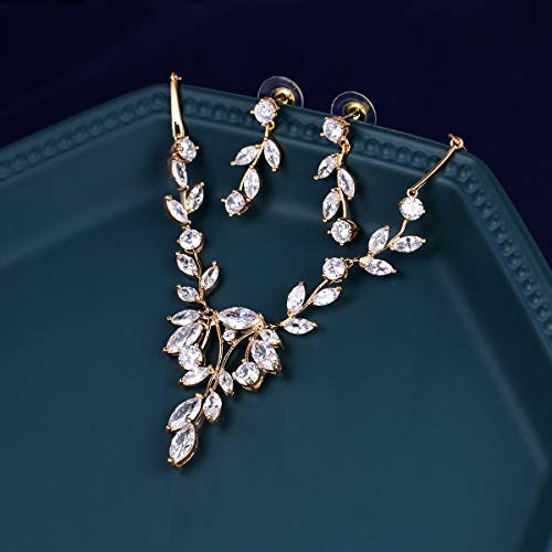 Weimanjewelry Women Marquise Cut Cubic Zirconia Leaf Bridal Y-Necklace And Dangling Earring Jewelry Set For Wedding (Gold) #TOP4