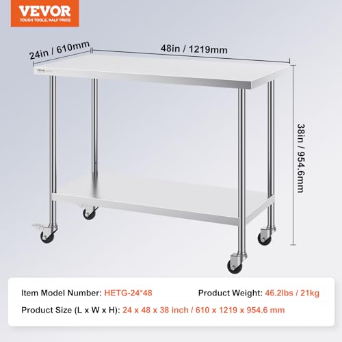 Image of VEVOR Stainless Steel Work Table 24 x 48 x 38 Inch, with 4 Wheels, 3 Adjustable Height Levels, Heavy Duty Food Prep Worktable for Commercial Kitchen Restaurant, Silver