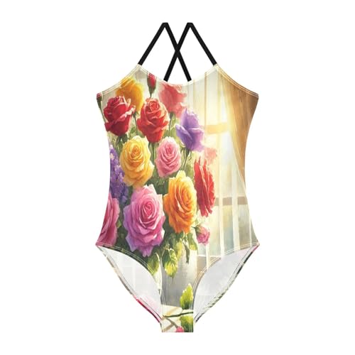 Roses Window Colorful Swimsuit for Girls Bathing Suit One Piece Swimsuits Summer Beach Swimwear