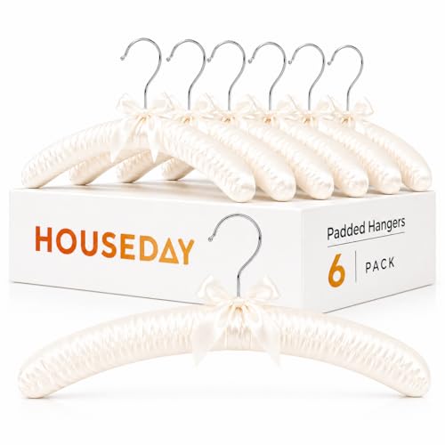 HOUSE DAY 17 Inch Satin Padded Hangers for Women, 6 Pack Heavy Duty Silk Hangers with Swivel Hooks, No Shoulder Bump Thick Foam Hangers for Sweater, Wedding Dress, Coat & Delicate Cashmere - Beige