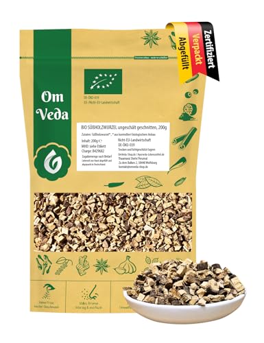 BIO Süßholzwurzel geschnitten | Liquiritiae radix nat. conc. bio | Ungeschält & getrocknet für Tee Süßungsmischungen & Naturanwendungen | DE-ÖKO-039 zertifiziert | von OmVeda (200g)