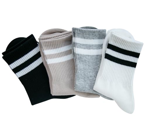 Image of Deeorla Womens Striped Crew Socks Brown Vintage Retro Athletic Socks 5 Pairs