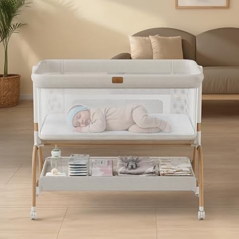 Baby Bassinet Bedside Crib, 3-in-1 Baby Bassinet Bedside Sleeper with Mattress and Soft, Breathable Sheet, Full-Mesh Sides, 6-Height Adjustable, Stable and Secure Crib for Newborns Cover