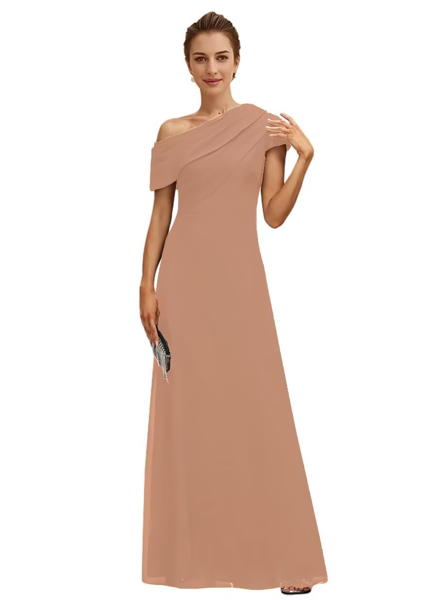 Mother of The Bridegroom's Dress 2025 Pleated A-line One Shoulder Floor Length Chiffon Short Sleeves Long Formal Wedding Guest Party Gowns Peach