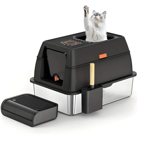 ステンレス鋼製 特大 扉付き 猫用トイレ本体 蓋付き 猫用 ハーフカバー 耐久性 砂の飛び散り防止 快適ワイド 臭い防止 倒れにくい お留守番 出入り便利 フレキシブルリッターボックス 配?子+猫踏板