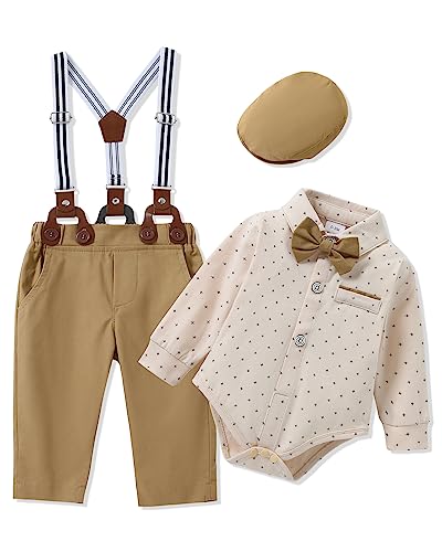 Image of ZOEREA Baby Boy Suit 0-24M Gentleman Outfit Clothes Set Infant Long Sleeve Dress Shirt+Suspender Pants+Bowtie+Beret Hat