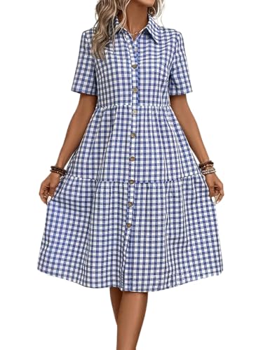 ebossy Women's Retro Plaid Shirt Dress Elegant Lapel Button Up Swing A line Flowy Gingham Mid Tunic Dress
