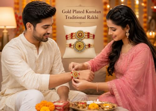Image of Rakhi Gold Plated Kundan traditional (Set of 2) with Roli Chawal and Raksha Bandhan Greeting Card for Brother (R-1 & R-2)