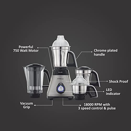 Preethi Steel Supreme Mg-208 Mixer Grinder, 750 Watt (Silver/Black), 4 Jars - Super Extractor Juicer Jar, Vega W5 Motor #TOP4
