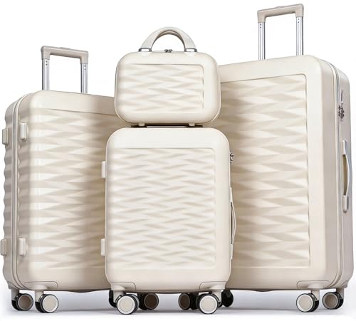 H.yeed 4-Piece Luggage Set Lightweight ABS Hard Shell Suitcase Set with TSA Lock and Spinner Wheels Travel Suitcase Set Includes 12" 20" 24" 28" (Beige, 4 pc Set)