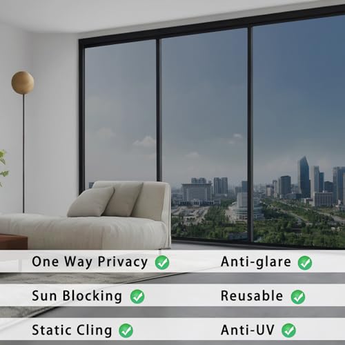 ConCus-T One Way Window Film Heat Control Sun Blocker Anti Glare Blackout Window Tint Film Mirror Effect Film UV Solar Film Static Cling Covering, Black Silver, 30 x 200cm
