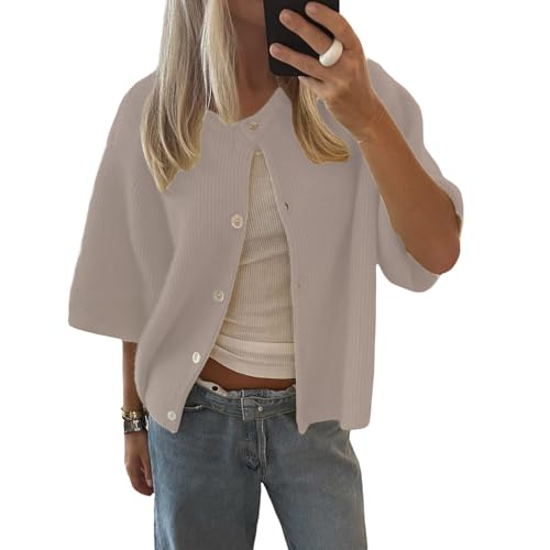 Image of Women's Y2K Crop Cardigan Sweater Short Sleeve Round Neck Button Down Sweater Fall Winter Knit Top Streetwear