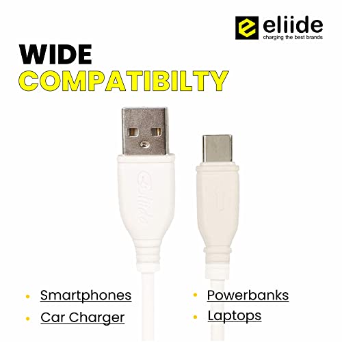 Image of Eliide 15W Type C USB Cable - 3.0 Amp Quick Charge QC 3.0, Adaptive Fast Charging, and Turbo Charging Compatible Fast Charging Cable, Strong and Durable 1.0 Meter PVC USB Cable for C Type Devices for Charging Adapter (DC 44C White)