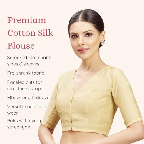 Image of Studio Shringaar Women's Cotton Silk Stretchable (Smocked) Readymade Elbow Length Sleeves Saree Blouse