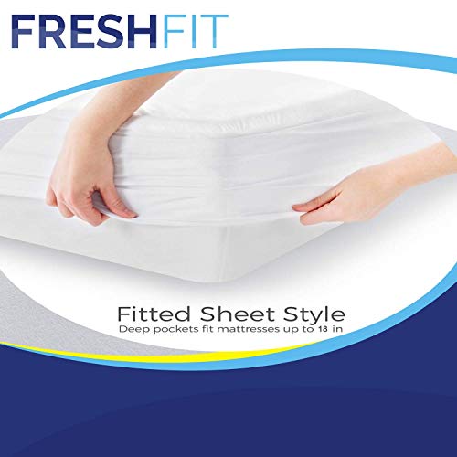 FreshFit Rayon Derived from Bamboo Mattress Protector - College Dorm Room Essentials - 100% Waterproof Breathable - Lightweight & Durable, Stain & Moisture Proof - Premium Fitted Sheet Style (Queen)