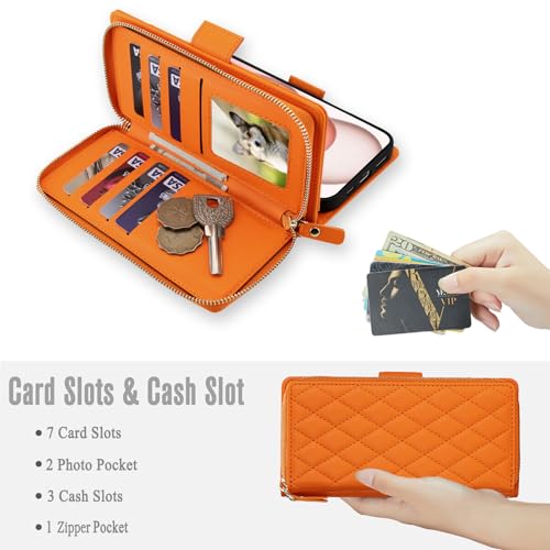 Étui portefeuille iPhone 14 Pro orange avec 8 fentes cartes et zip RFID - 2