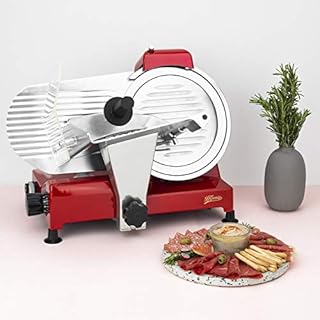 H.Koenig MSX254 Affettatrice elettrica professionale, affettatrice per prosciutto, lama da 25 cm, taglio regolabile 0-12 mm, affilatoio integrato, ampia superficie di taglio, 282 giri/min – Rosso
