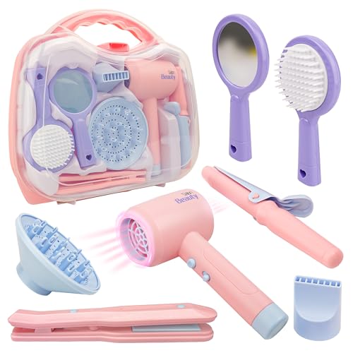 SMILESSKIDDO Hair Salon Toys for Girls - Pretend Play Hair Styling Toy Set with Realistic Blow Dryer, Hair Straightener, Kids Beauty Play Set Including Curling Iron, Brushes & Storage Case