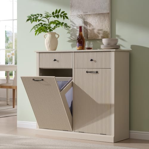 Image of IFBUY Double Tilt Out Laundry Hamper Cabinet, Modern Trash Cabinet, Cream
