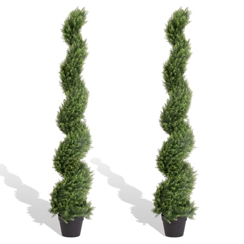 THE BLOOM TIMES 5ft Artificial Topiary Trees Set of 2, Faux Cedar Cypress Spiral Topiary Trees Outdoor - Fake Plants for Garden Front Porch Indoor Outside Planter Decor 5 Foot
