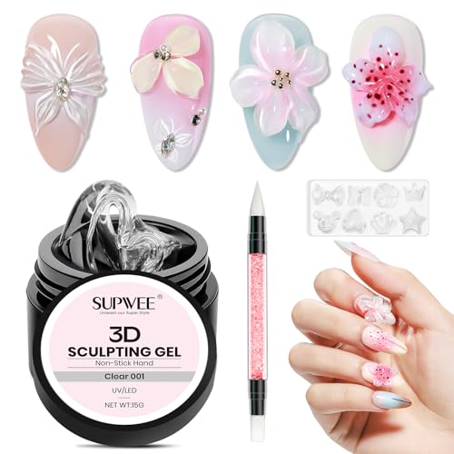 SUPWEE 3D Sculpting Gel for Nails Art Clear Solid Hard Gel Non-Sticky Hand for Carving Building Extension with Nail Art Pen Salon Home DIY 15g(0.53oz)