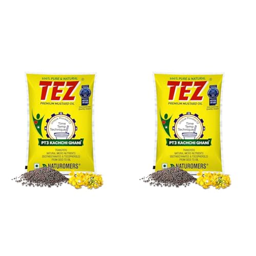 Image of Tez Premium Mustard Oil - 1 Litre Pouch, PT3 Kacchi Ghani Sarson Oil, 100% Pure & Natural, No Artifical Flavours & Preservatives, Has Natural Zing, Good For Heart (Pack of 2)
