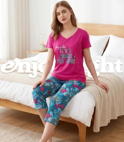 Image of ENJOYNIGHT Womens Pajama Sets Cotton Pj Set Short Sleeve Top With Capri Pants Sleepwear 2 Piece Lounge Set