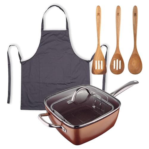 Juego de Sartén Cuadrada 24x24cm en aluminio prensado + 3 Utensilios de cocina de madera + Delantal gris 100% Algodón Optimum Copper Bergner