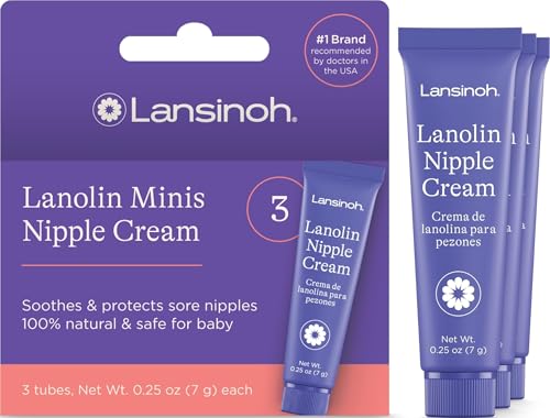Image of Lansinoh Lanolin Nipple Cream Safe for Breastfeeding Baby, 100% Natural Nipple Butter, Breastfeeding Essentials for Postpartum Moms, 3 Mini Tubes, Each 0.25 Ounces