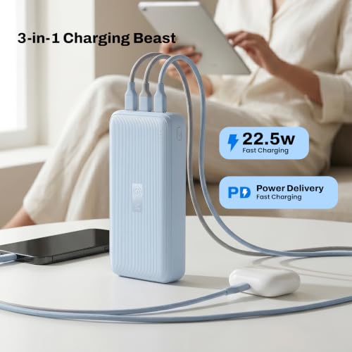 Image of EVM EnConnect Plus 20000mAh Power Bank | 22.5W PD & PPS Fast Charging | Built-in Type-C & Lightning Cables | USB-A & Type-C Output | Android, Pocket Size | 2 Year Warranty(EVM-P0506-Misty Blue)
