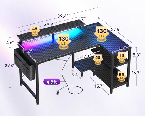 Image of ODK 40 Inch Gaming Desk with USB Power Outlets and LED Lights, Reversible L Shaped Computer Desk with Storage Shelves & Monitor Stand, Corner Home Office Desk Table, Carbon Fiber Surface, Black