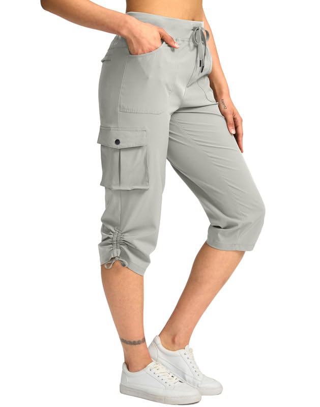 Pudolla Women's Cargo Capri Pants Hiking Travel Casual Capris with 5 Pocket