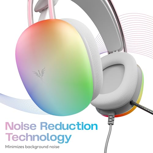 Image of VERITY Over-Ear Wired Gaming Headset for PC, Lightweight Comfort Design with Mic, Powerful 40mm Audio Drivers, RGB Lighting, Adjustable Headband, Soft Breathable Ear Cushions, 3.5mm AUX, White