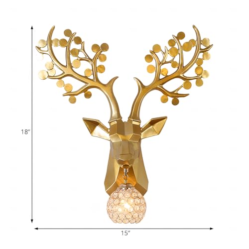 Image of Solo Decor Resin Deer Head Wall Sconce Gold Crystal Ball Light Fixture Modern Antler Design Light Lamp for Living Room,Bedroom and Office Wall Decoration(Without Bulb)