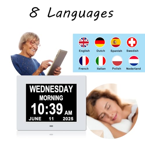 Jaihonda Dementia Clocks for Seniors Large Display Digital Clock with Date and Day of Week for Elderly 8 Alarm Options Digital Clocks with Large Number-7 Inch White