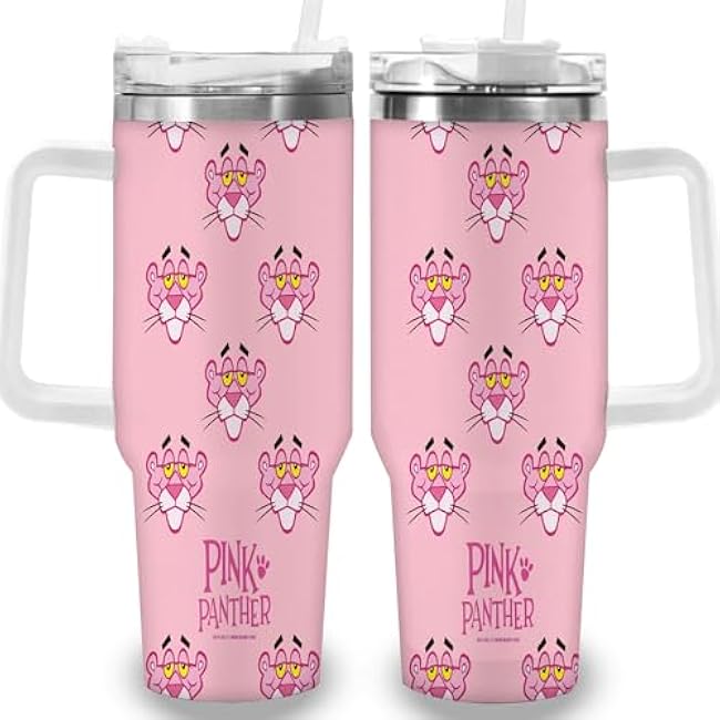 1pc 40oz Pink Panther Pattern Tumbler with Lid, Insulated Travel Mug, Gift for Women Men, Ideal for Halloween, Independence Day, Memorial Birthday Gift, Coffee Cup, weird stuff