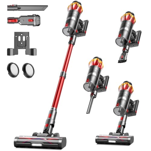 Akku Staubsauger 48000Pa/580W/65Min, 1,8L Staubsauger Kabellos mit Display, Anti-Tangle-Bürste, Selbststehend, Wandladestation, 8-Schicht-Filtration, Ultraleise, für Tierhaare/Teppiche/Hartböden/Auto