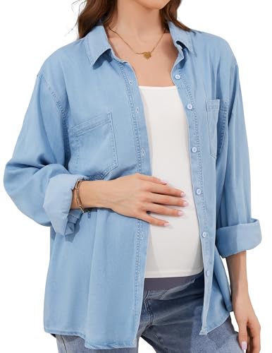 POSHGLAM Women's Maternity Denim Shirts Button Down Casual Long Sleeves Jean Tops(Light Blue, X-Large)