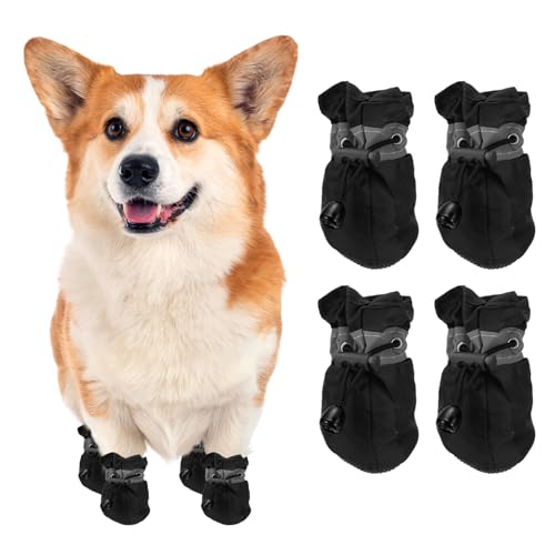 PETAXCELL Dog Shoes Dog Boots, Paw Protector Anti-Slip Sole Winter with Reflective Strap Waterproof Soft, (4Pcs, Oxford,2.2x1.8, Black), for Small Medium Puppies/Walking/Outdoor/Hardfloor