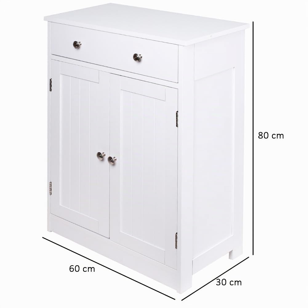 Shally Dogan Armadietto da Bagno Autoportante in Legno Bianco, Mobile Armadio da Terra Multiuso con 1 Cassetto e 2 Ante, Mobiletto per Casa, Cucina, Salone, Salotto, Ingresso, Ufficio, Maniglie Silver